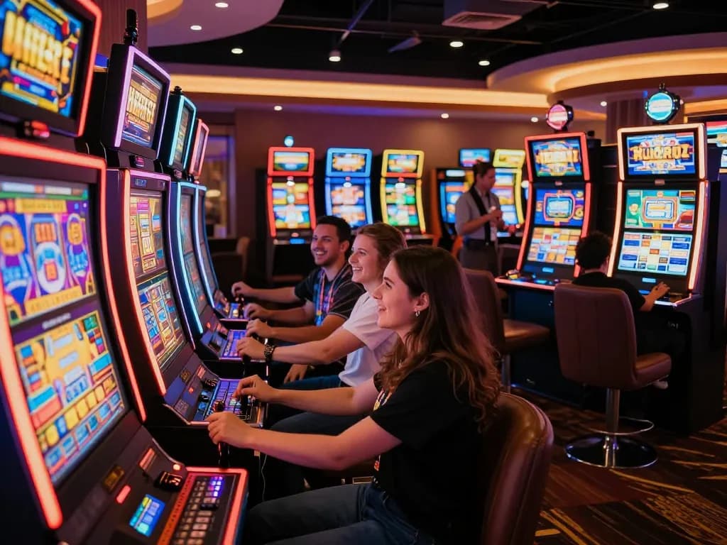Players having fun at Man88's lively slot machine area, engaging in exciting gameplay