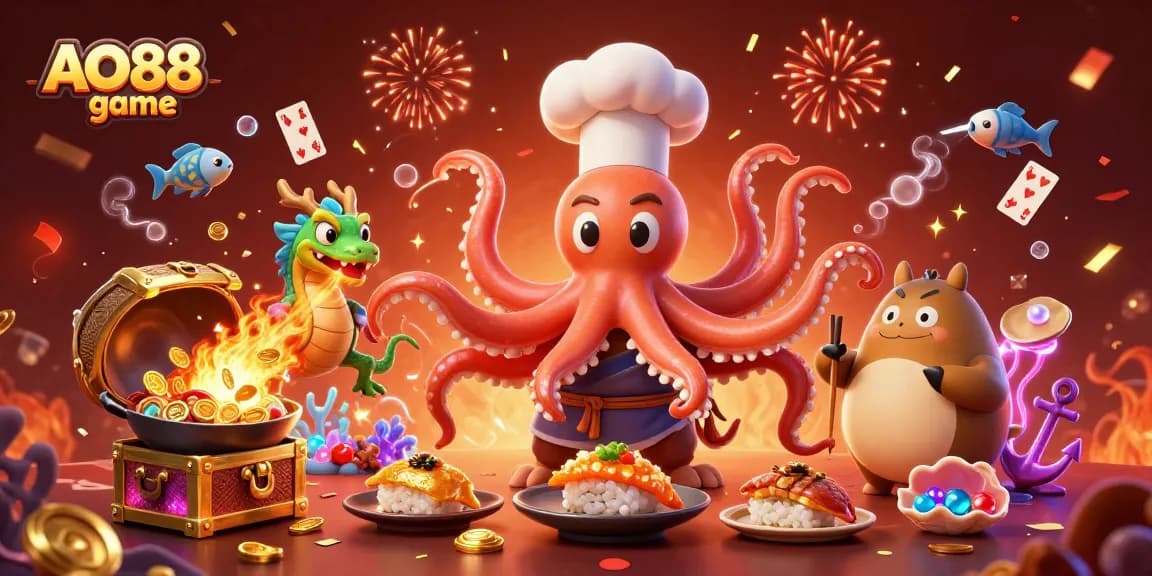 Experience exciting wins with AO88 game as the cartoon octopus chef prepares golden dishes amidst casino fun.