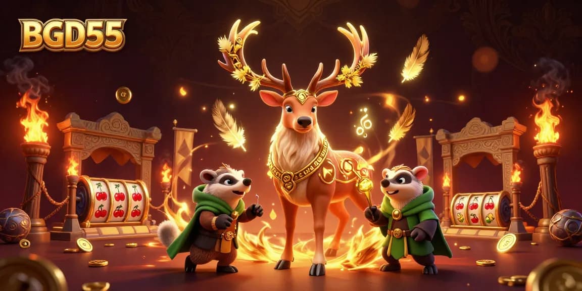 Experience BGD55's vibrant casino environment with dazzling slot reels and a Celtic druid amidst golden elements.