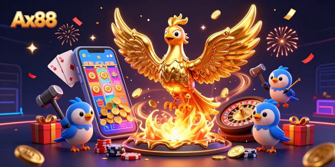 Spin the reels at Ax88 and experience jackpot thrills with golden phoenix and coins.