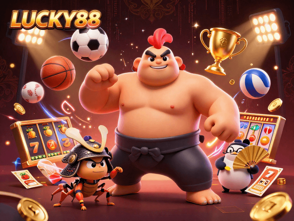 LUCKY88 thrills with a vibrant casino scene showcasing dynamic characters and rich gambling elements.