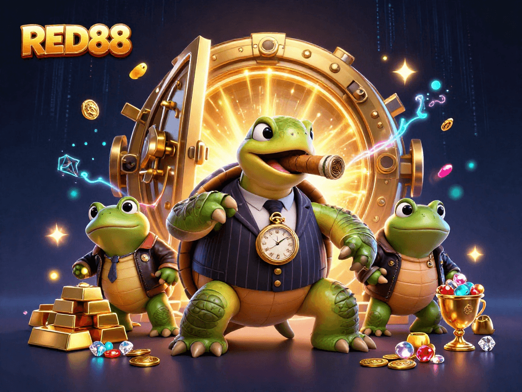 Experience high-stakes gaming thrills with RED88’s turtle mobster and bullfrog enforcers in this vibrant casino scene.
