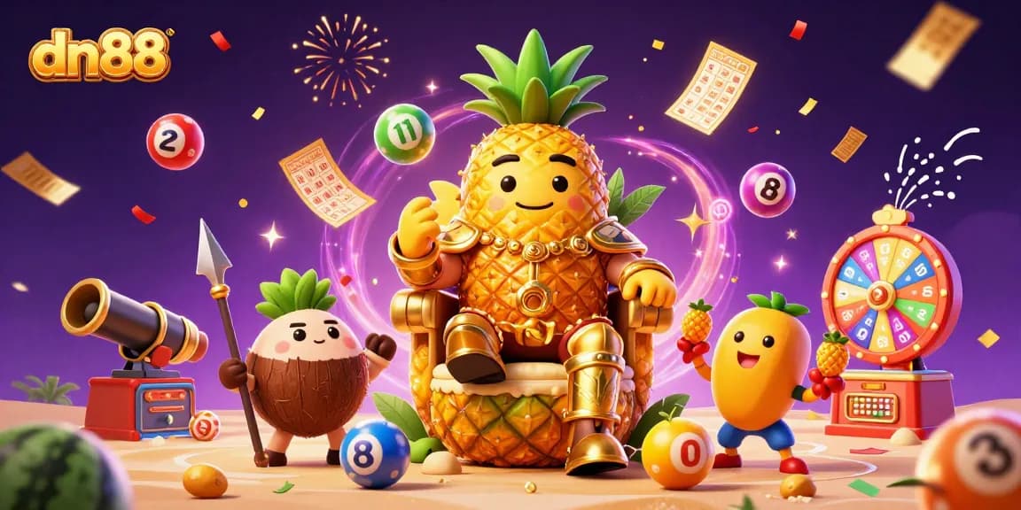 Win big at dn88 with a vibrant casino scene featuring a golden pineapple king, lottery elements, and exciting gaming action.