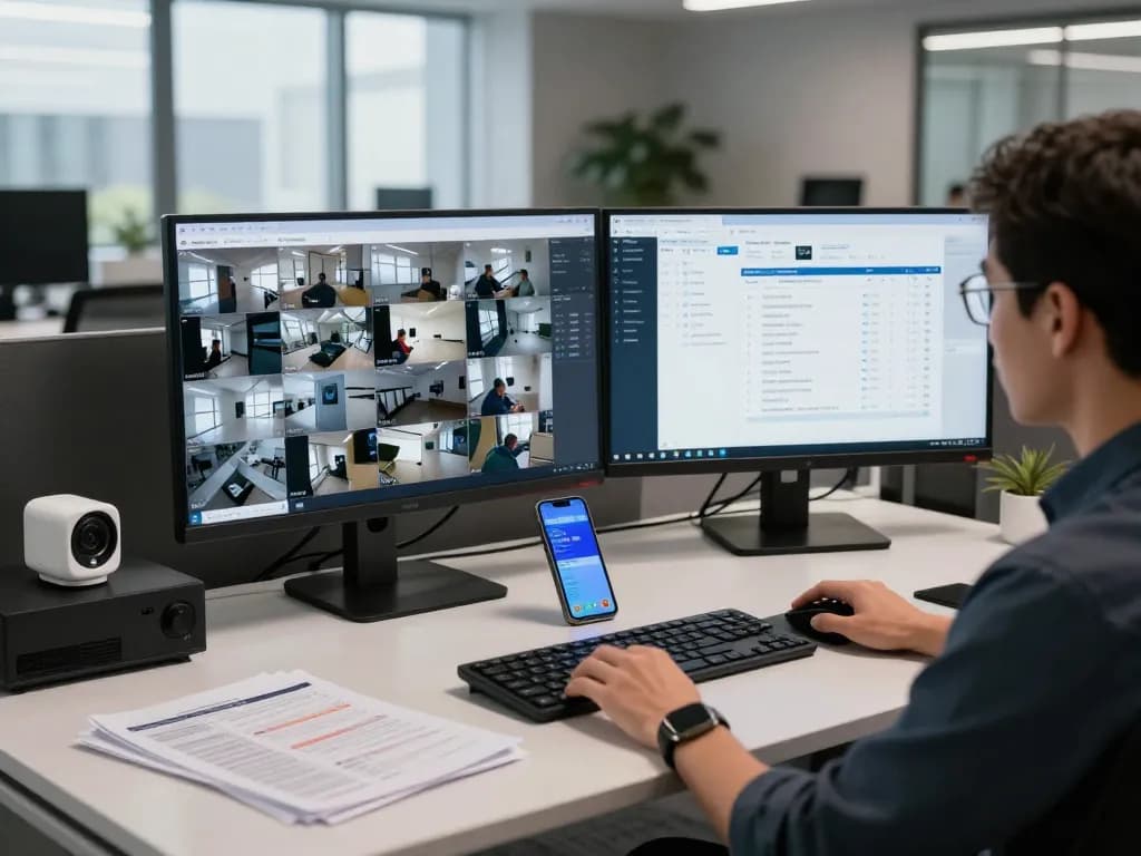 Professionelle Überwachung der Synology Surveillance Station mit mehreren Kamera-Feeds in einem technischen Arbeitsbereich.