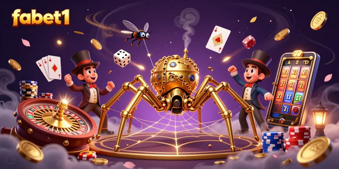 Engage in fabet1 gaming excitement with a dynamic steampunk casino scene featuring intricate web and lucky gems.