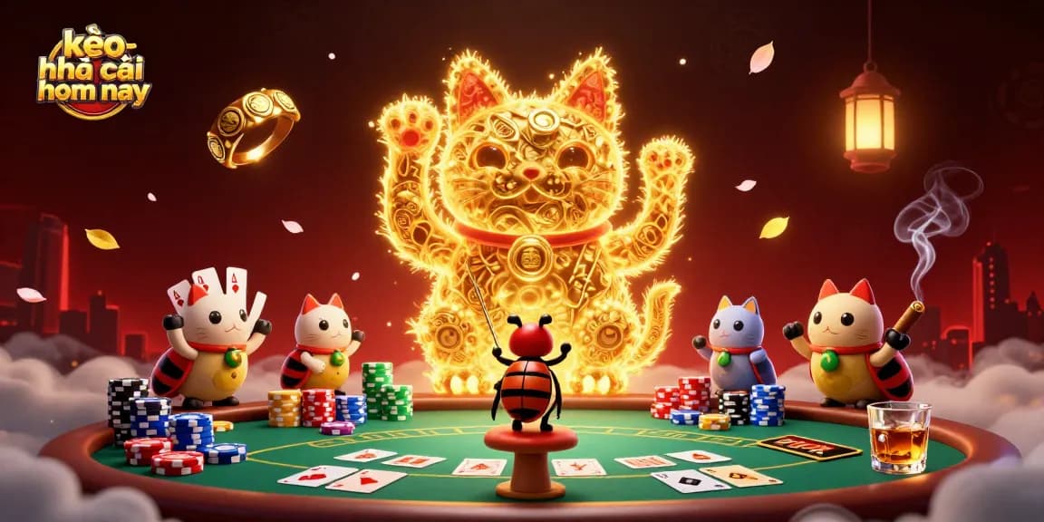 Kèo nhà cái hôm nay showcases a golden lucky cat and beetle conductor in an energetic casino scene.