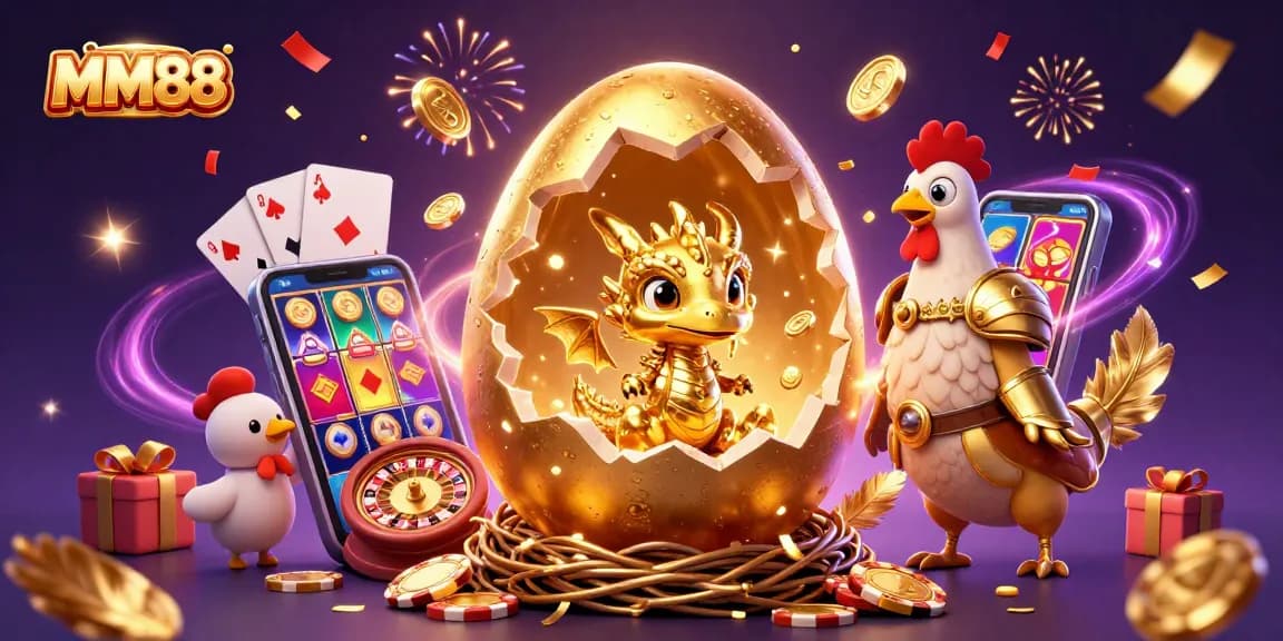 MM88 reveals a golden dragon emerging from a nest of poker chips, surrounded by festive casino elements.