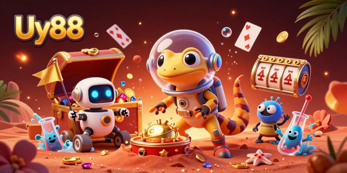 Uy88 showcases a Martian gecko exploring a buried golden casino, surrounded by treasure and gaming elements.