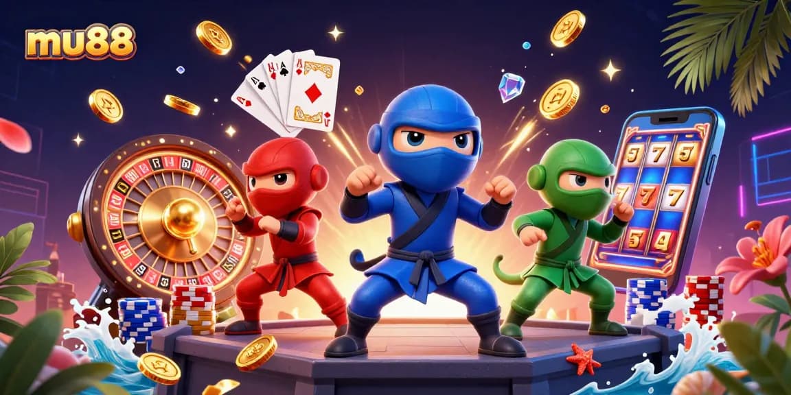 Engage in thrilling action with mu88 as ninja chameleons celebrate casino wins amidst golden tokens and vibrant games.