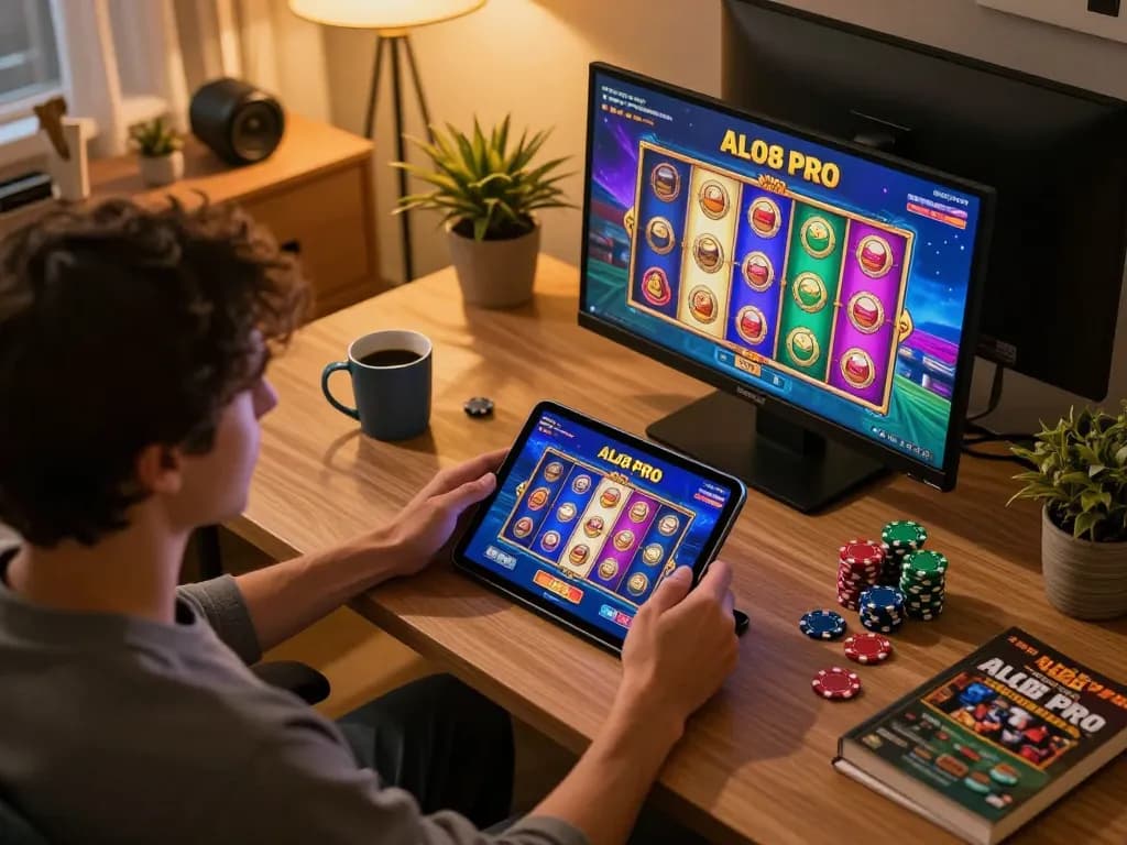 Experience engaging with ALO8 PRO online casino slots from the comfort of home, showcasing a gamer enjoying the vibrant interface.