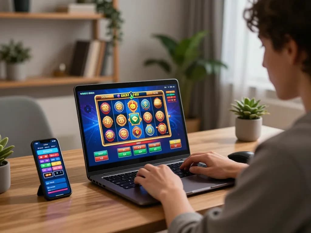 Engaging moment of a player using kp88 for online slots at home, showcasing strategic play and comfortable environment.