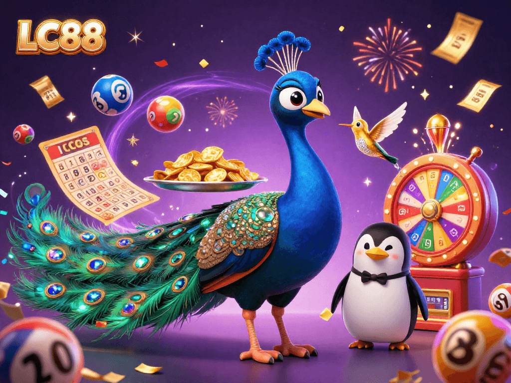 Engage with LC88 as vibrant lottery balls rain down around a surreal casino scene.