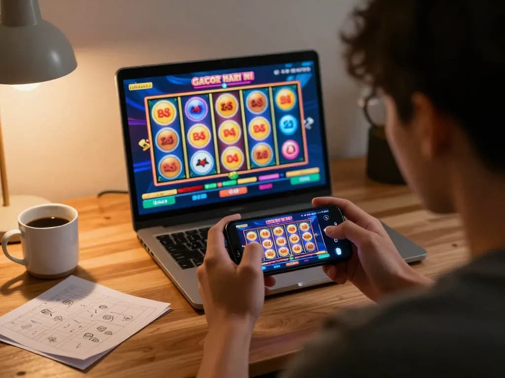 Engaging player immersed in slot gacor hari ini mobile gaming session, colorful reels and strategy notes nearby.