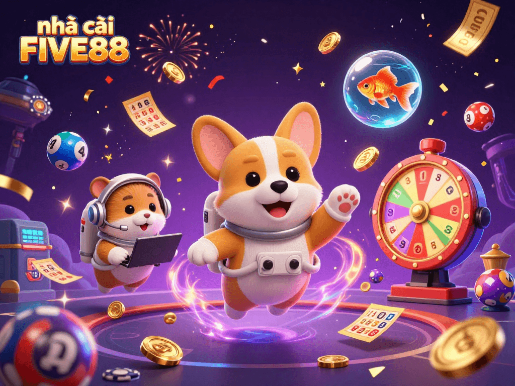 Experience thrilling gaming at nhà cái FIVE88 with corgi and vibrant casino elements floating in space.
