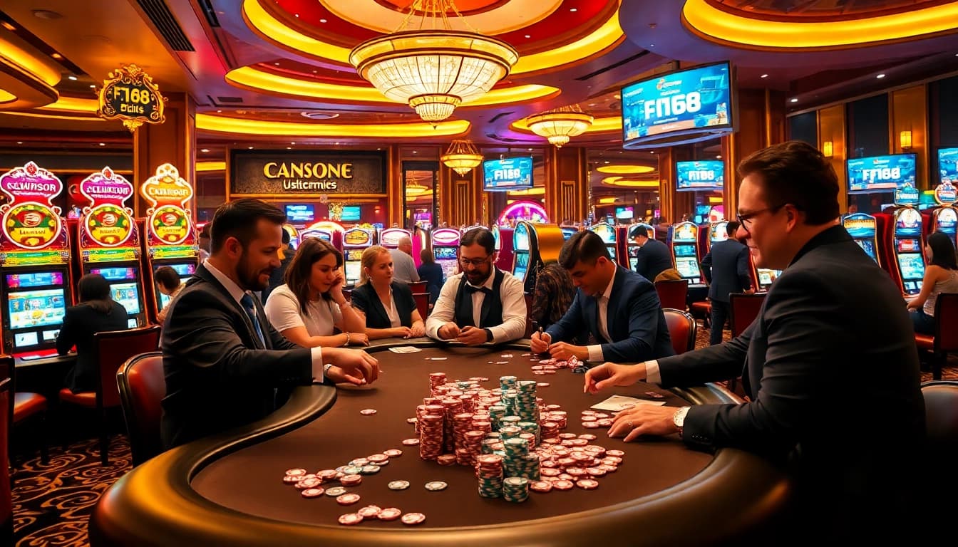 F168 players engaging in a high-stakes poker game at an opulent casino, vibrant atmosphere.