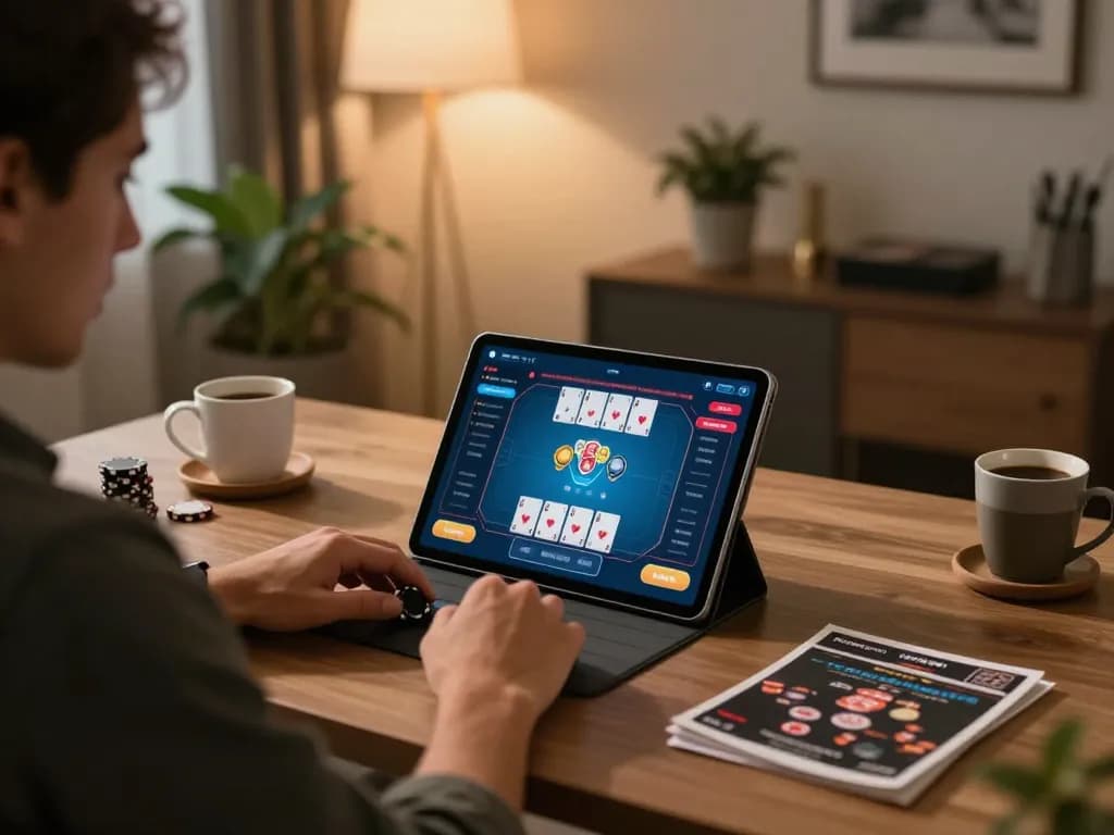 Player strategizing in lucks8 online poker session at home, tablet displaying game interface.
