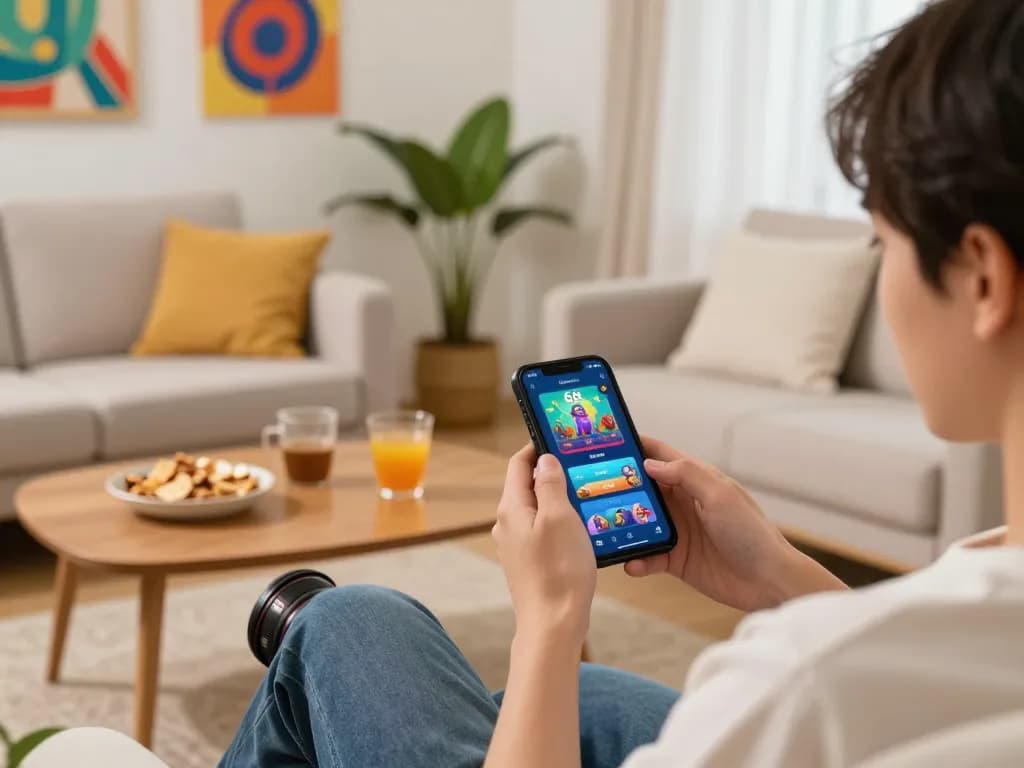Engaging with 68 Game Bài on smartphone in cozy living room for online gambling.