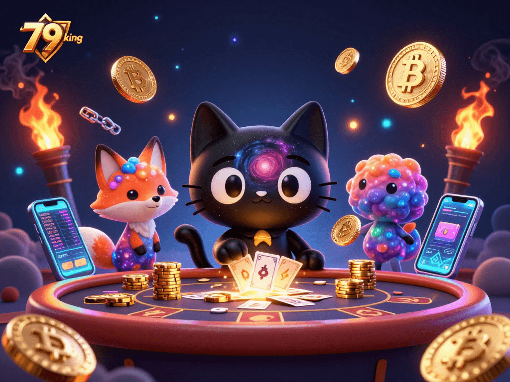 Engage with 79 king at a cosmic casino table, featuring a black hole cat and colorful fox.