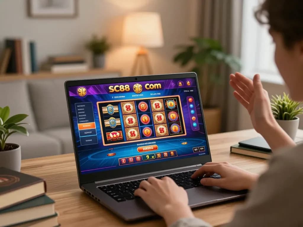 Player enjoying SC88 Com online casino experience with vibrant game interface and personal decor