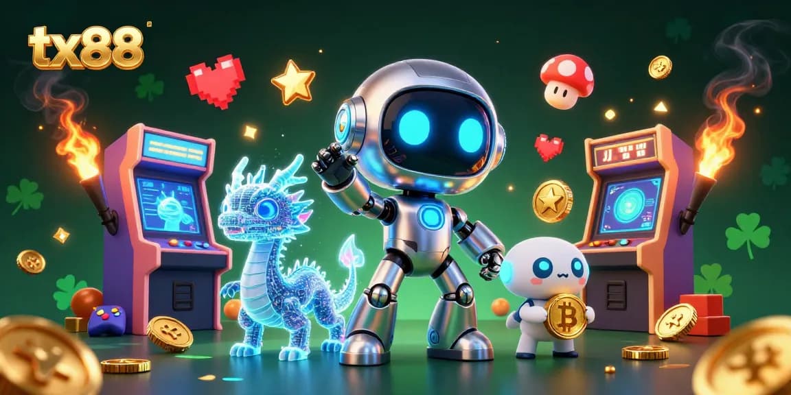 Engage in thrilling gameplay with tx88 as a vibrant cyberpunk robot and holographic dragon illuminate the casino scene.
