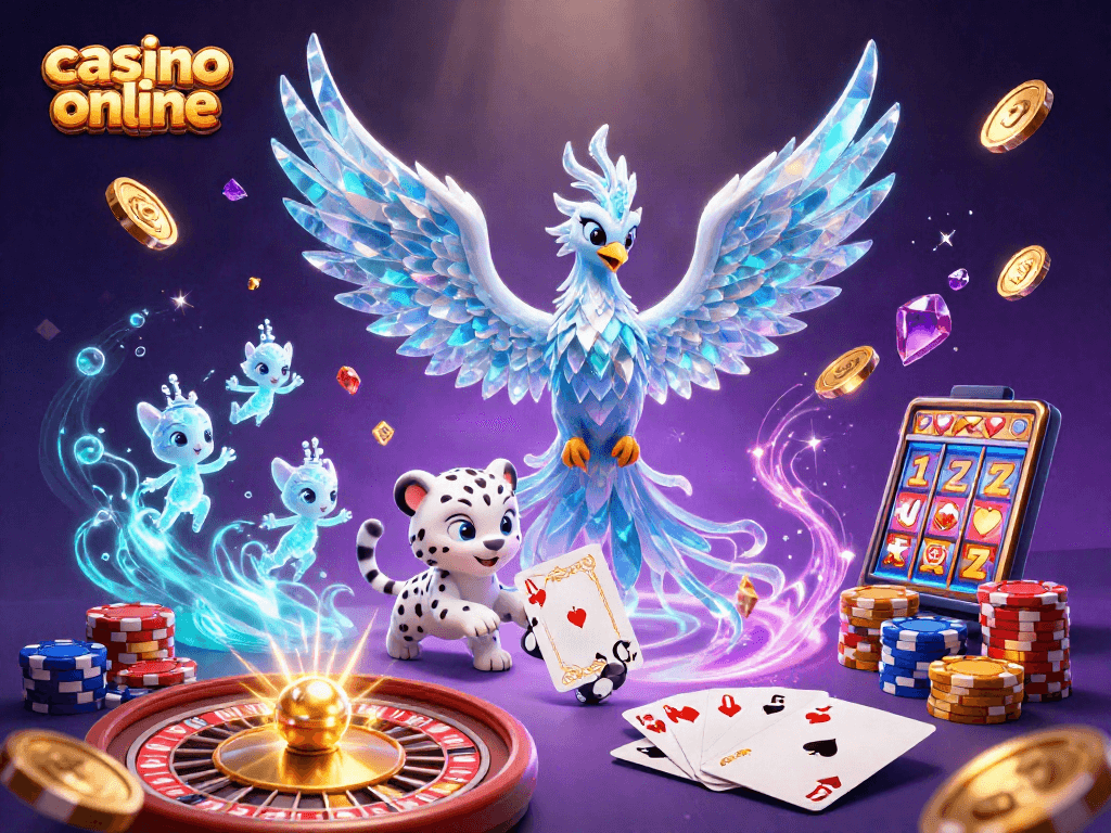 Engage with exciting casino online adventures featuring a vibrant illustration of a phoenix, poker chip, and glowing sprites.
