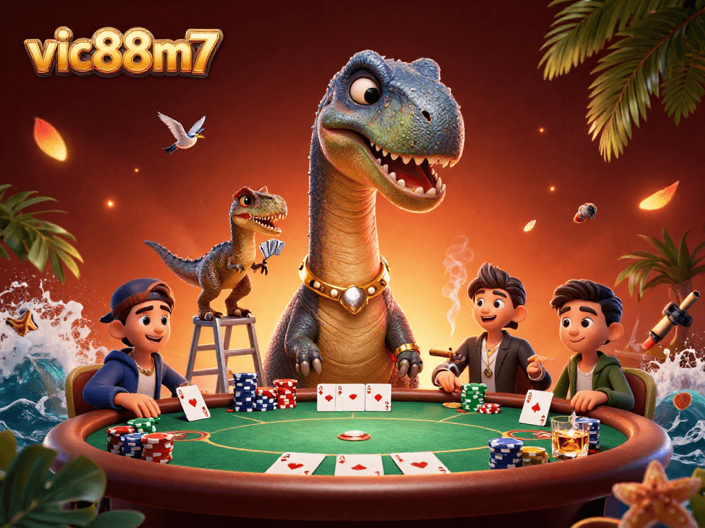Experience thrilling gameplay with vic88m7 at a lively poker game featuring vibrant cartoon characters.