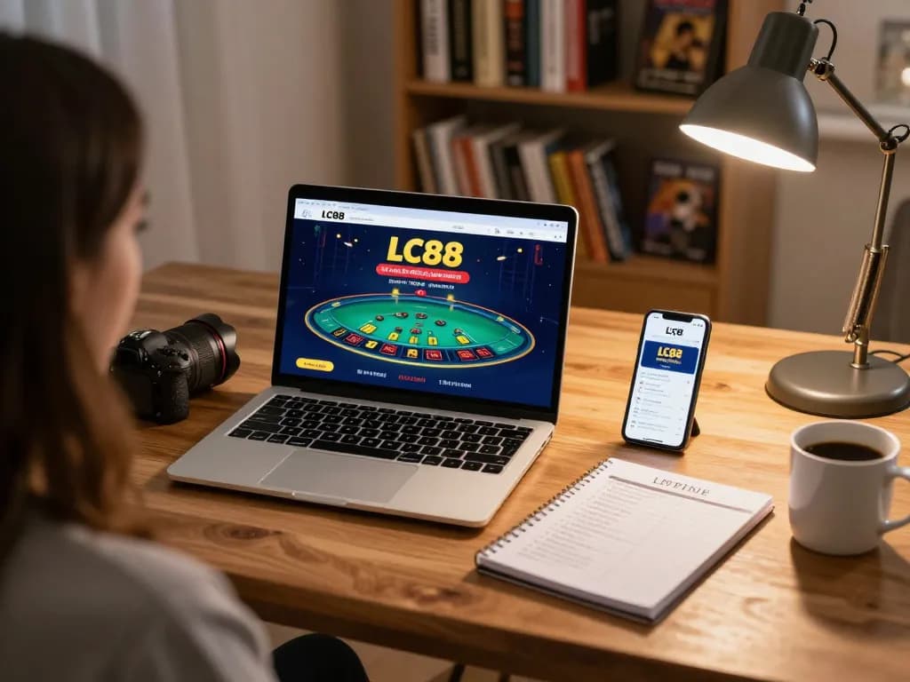 Engaging in an LC88 online casino live dealer game on a laptop, showcasing strategic gameplay