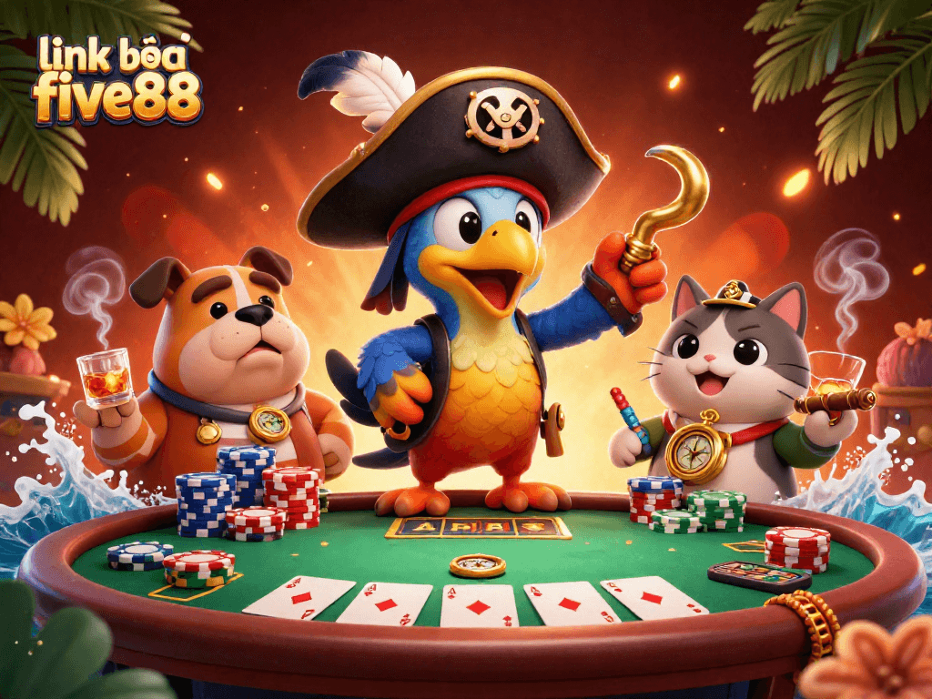 Experience thrilling gameplay at link vào five88 with a vibrant casino illustration filled with poker elements.