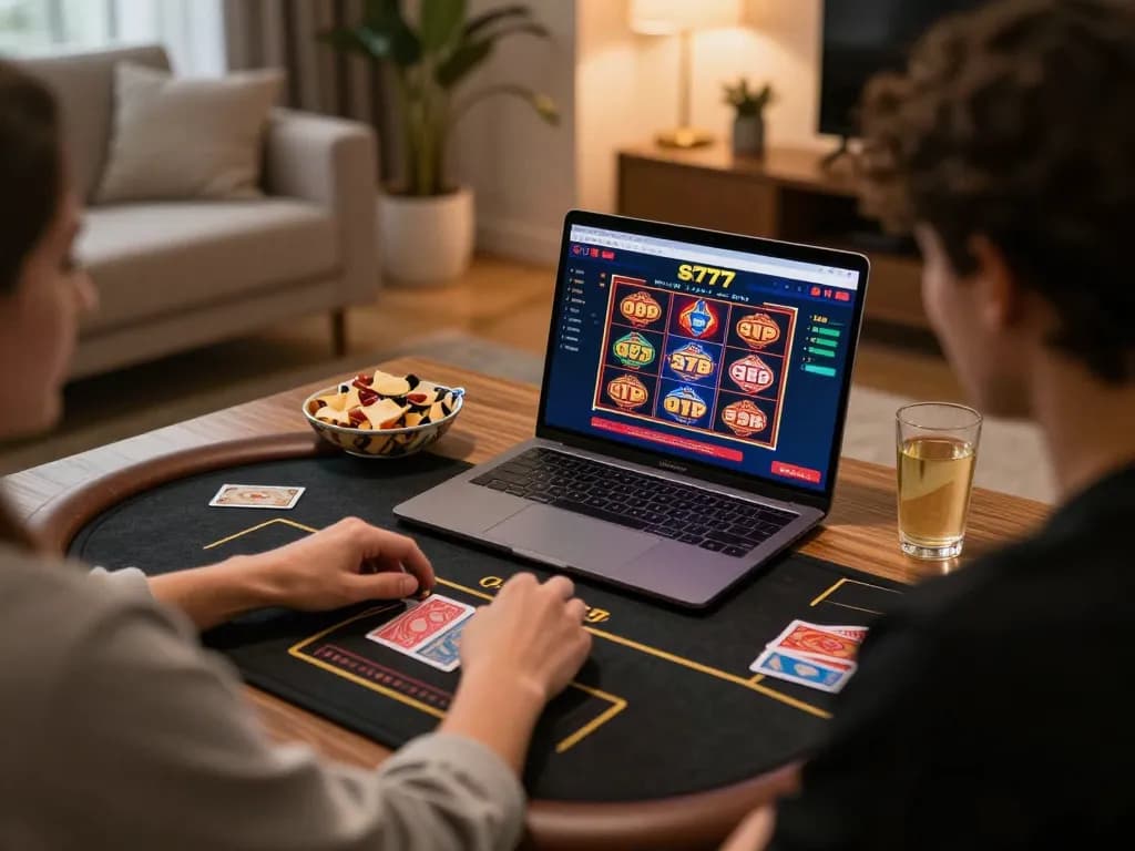Berinteraksi dengan kasino online sl777 melalui laptop di setup rumah yang nyaman, menampilkan permainan strategis