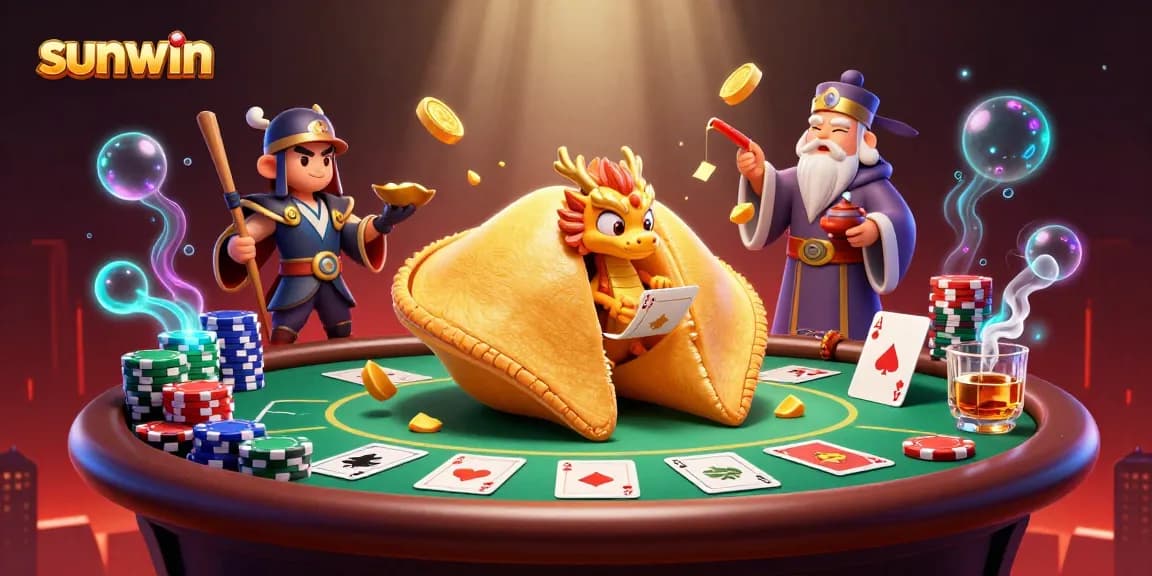 Engage with sunwin's thrilling poker action featuring a gold fortune cookie and dynamic casino elements.