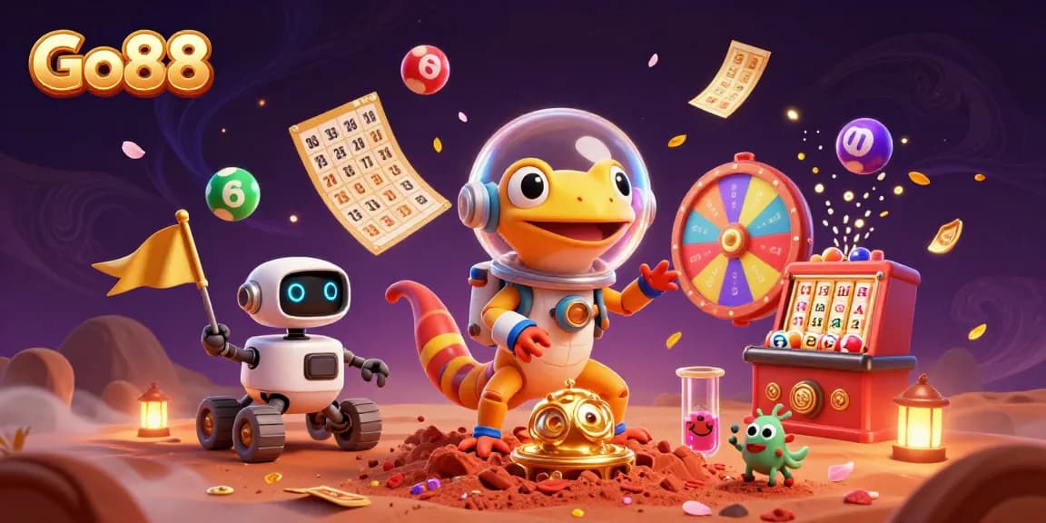 Experience excitement at Go88 with a Martian gecko discovering a hidden casino in a vibrant illustration.