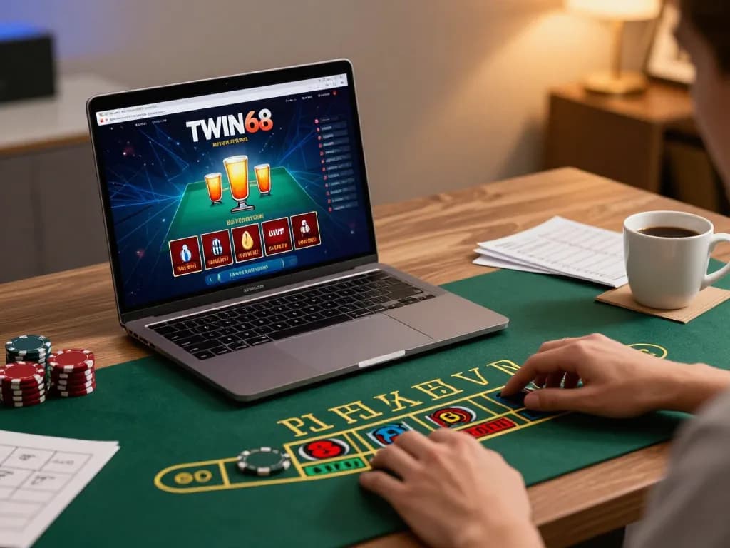 TWIN68 players engaged in live dealer gameplay in a cozy home office setting.