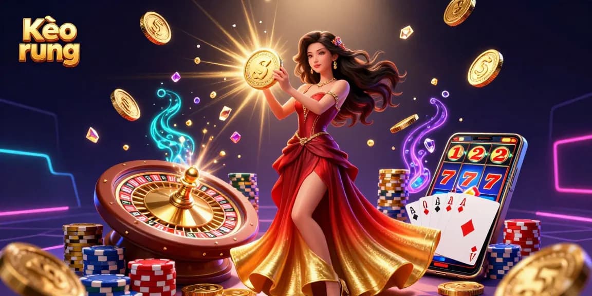 Kèo rung showcases a stunning Asian woman holding a glowing coin amidst a whirlwind of coins and casino elements.