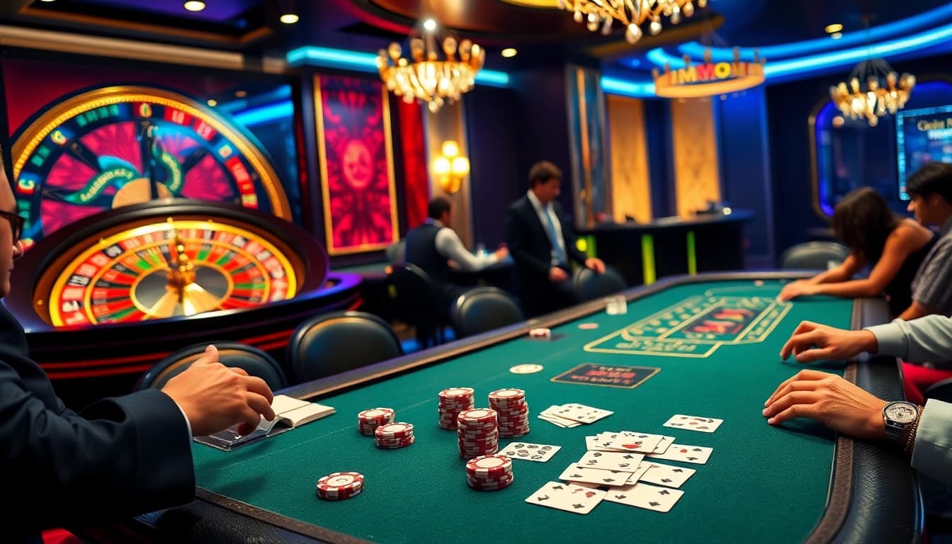 Experience luxury gaming as players enjoy tải MMOO with poker chips and dynamic gameplay at a casino table.