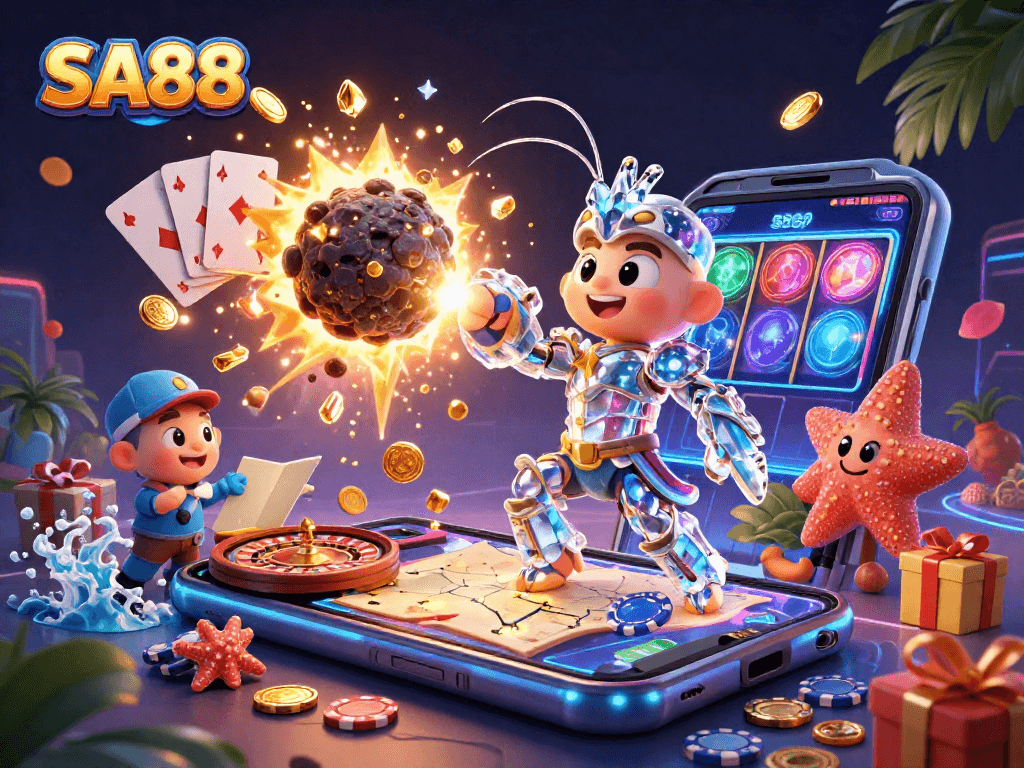 Experience the thrill of SA88 with a galactic samurai mantis shrimp amidst vibrant casino elements.
