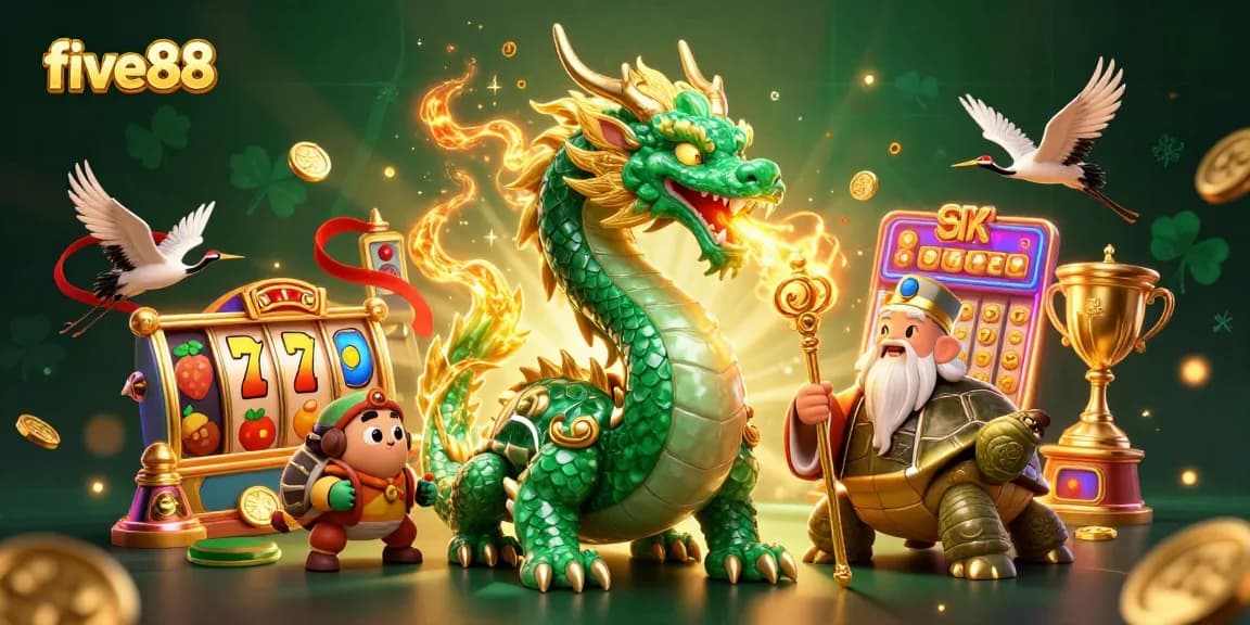 Experience exciting gaming at five88 with golden fire-breathing dragon and rich casino elements