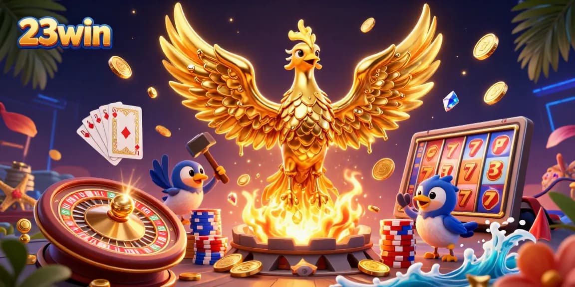 Experience thrilling play with 23win's molten golden phoenix in a visually stunning casino scene.
