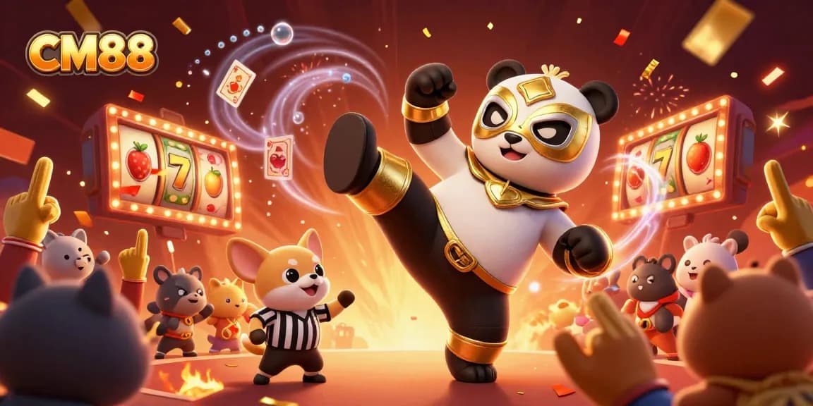 CM88 spins lucky slots with a panda wrestler soaring to victory amidst cheering fans.