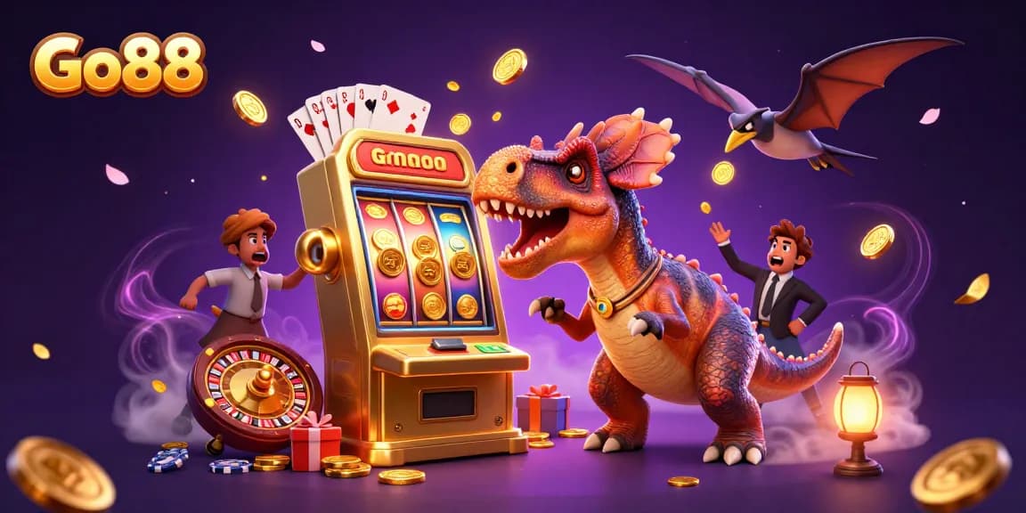 Go88 casino illustration featuring animated dinosaur characters and vibrant game elements.