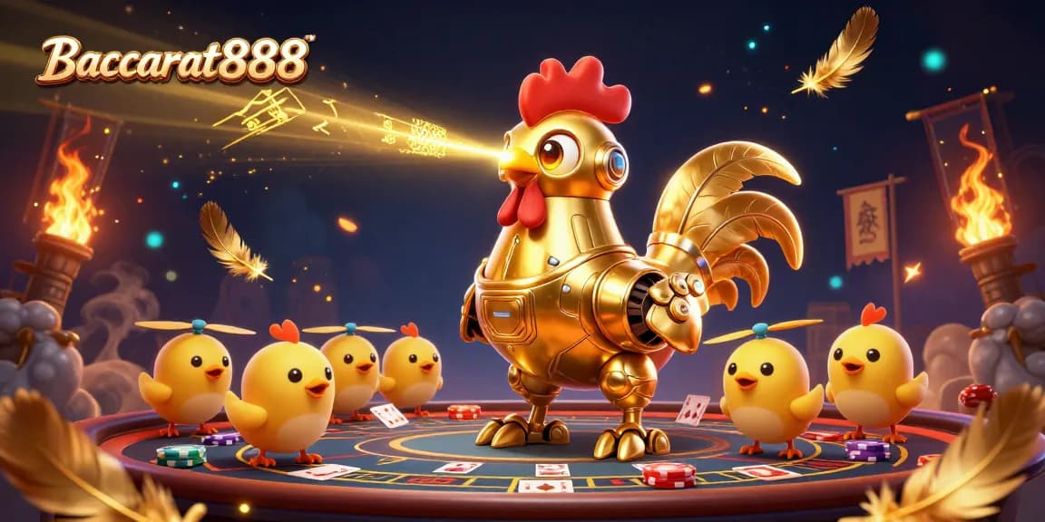 Engage in Baccarat888 action with a dynamic 3D scene of a golden rooster robot and baby chick drones.