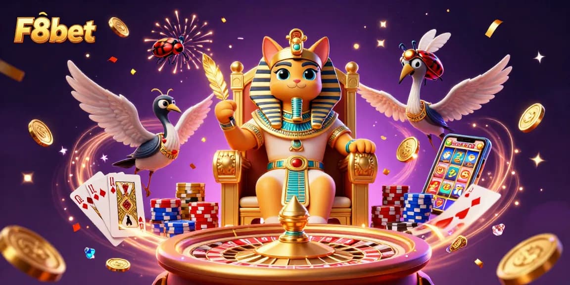 Experience the thrill of F8bet in a vibrant casino scene with Egyptian-themed characters and dynamic game elements.
