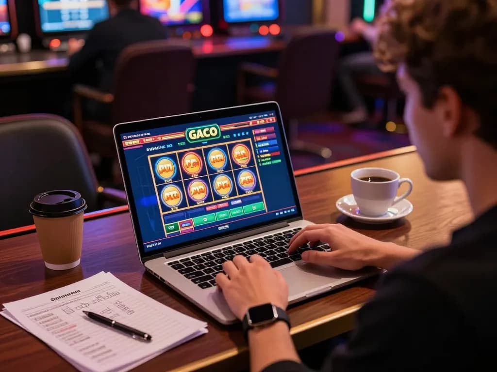 Engaging gameplay on slot gaco interface at home desk promoting responsible online gaming.