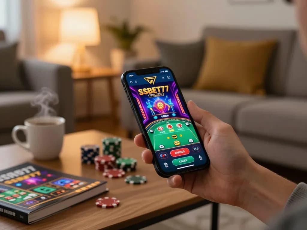 Engaging in mobile gaming with SSBET77 app on smartphone in cozy living room