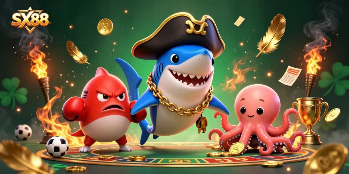SX88 showcases an exciting world of gambling with a cartoon pirate shark, a pufferfish, and coins in a dynamic sports betting scene.