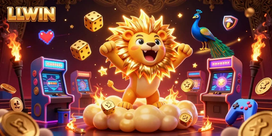 Engage with LLWIN's vibrant casino world through a roaring sun lion, golden dice, and dynamic gaming elements.