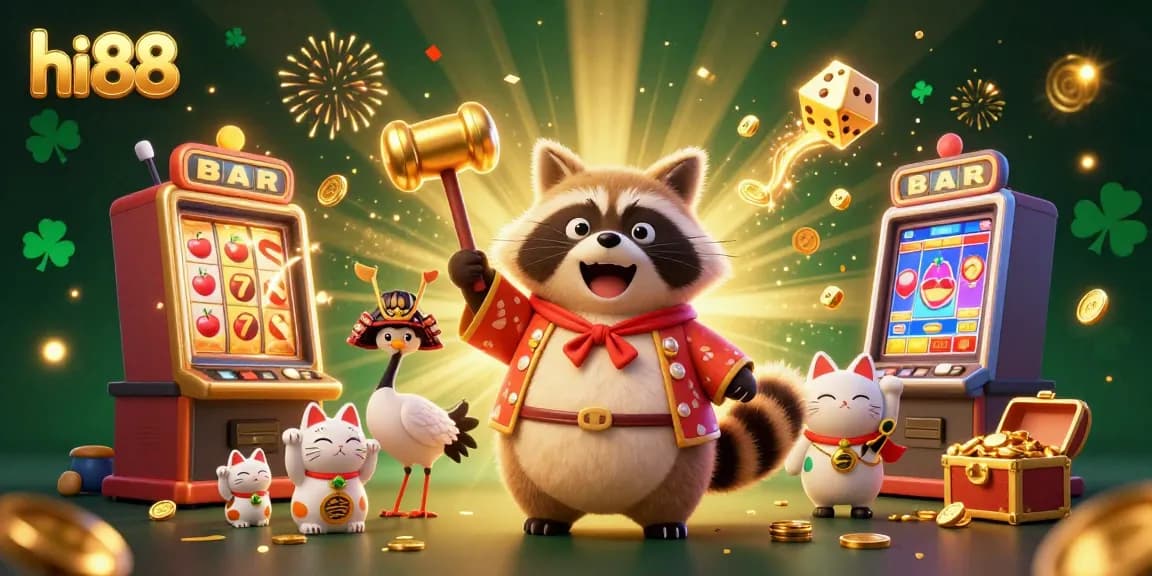 Experience hi88's vibrant gaming world with cheerful tanuki characters celebrating at a dynamic slot machine.