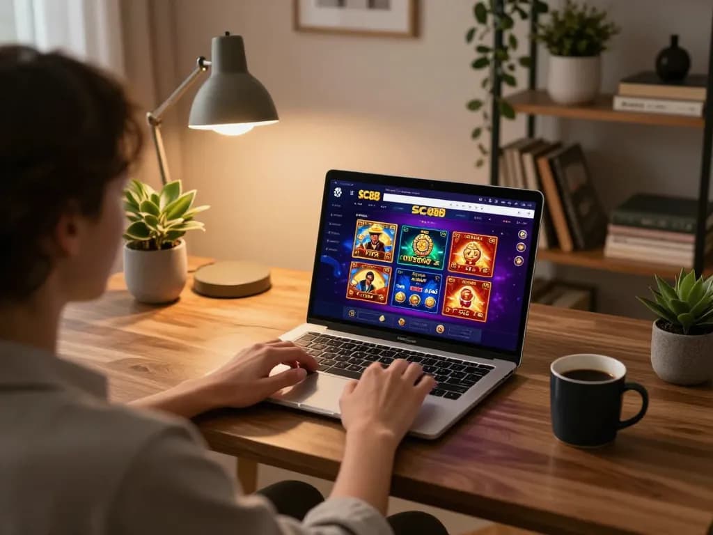 Player using SC88 app for online casino gaming in a stylish home environment.