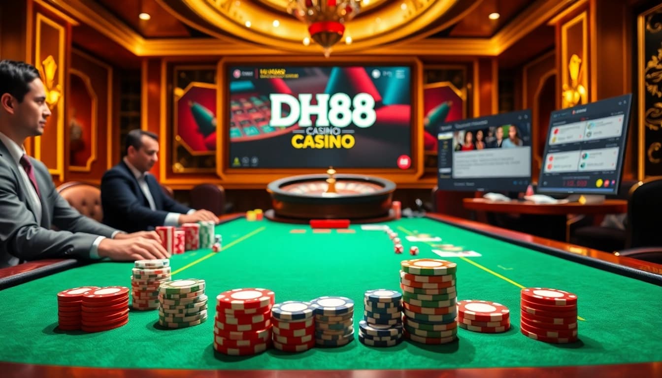 Experience the excitement of DH88 Casino with vibrant gaming elements, professional dealers, and luxury ambiance.