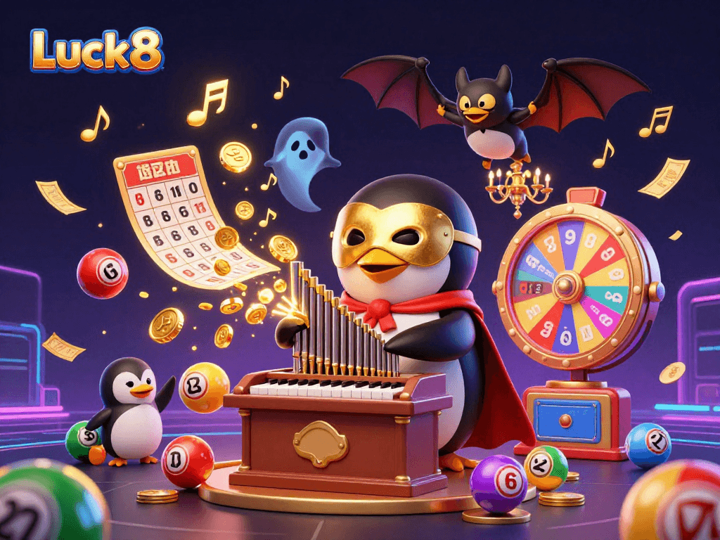 Experience Luck8's vibrant gaming atmosphere with a lively 3D illustration featuring engaging casino elements.