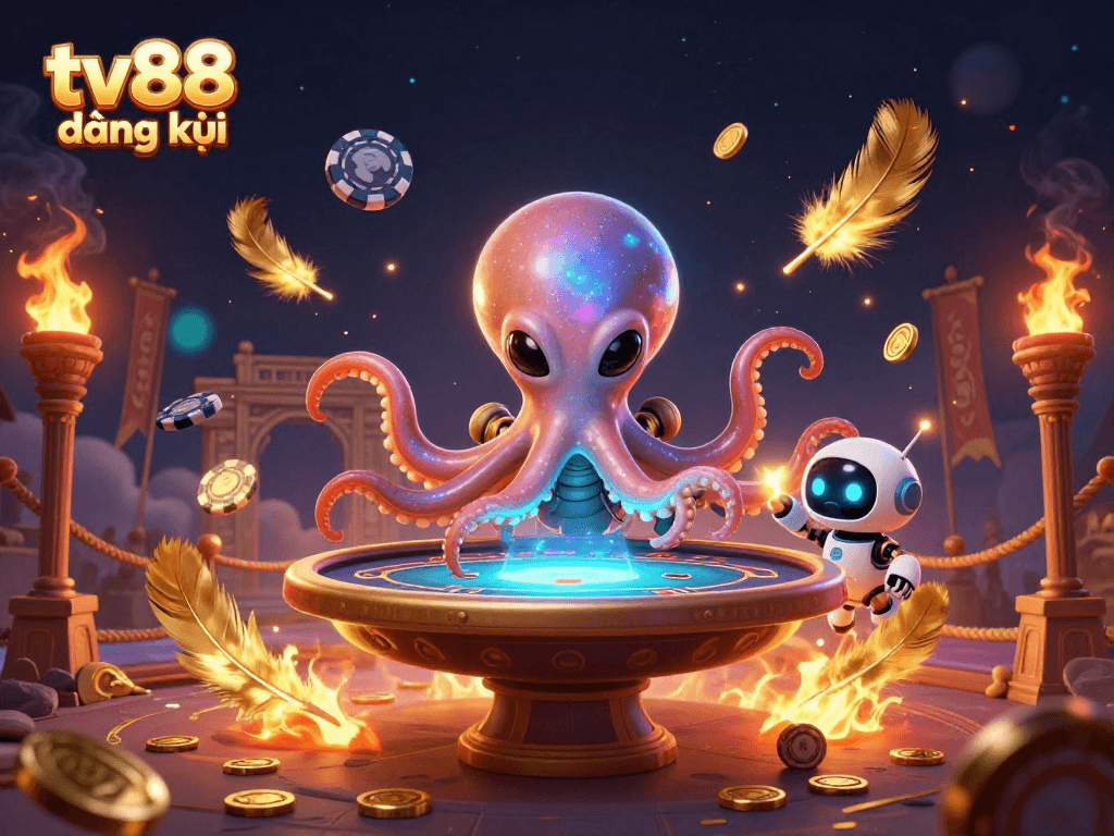 Engage in immersive gaming at TV88 đăng ký featuring an alien octopus hosting a poker game.